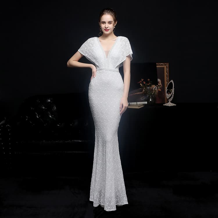 2024 New Design Elegant V Neck Evening Dress Sequin Beaded Plaid Short Sleeve Fishtail Ball Gown High Quality Women Party Dress