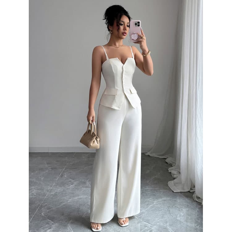 Solid Color Women Set Custom logo Sleeveless Vest Top Wholesale Loose Straight Pants Factory Directly