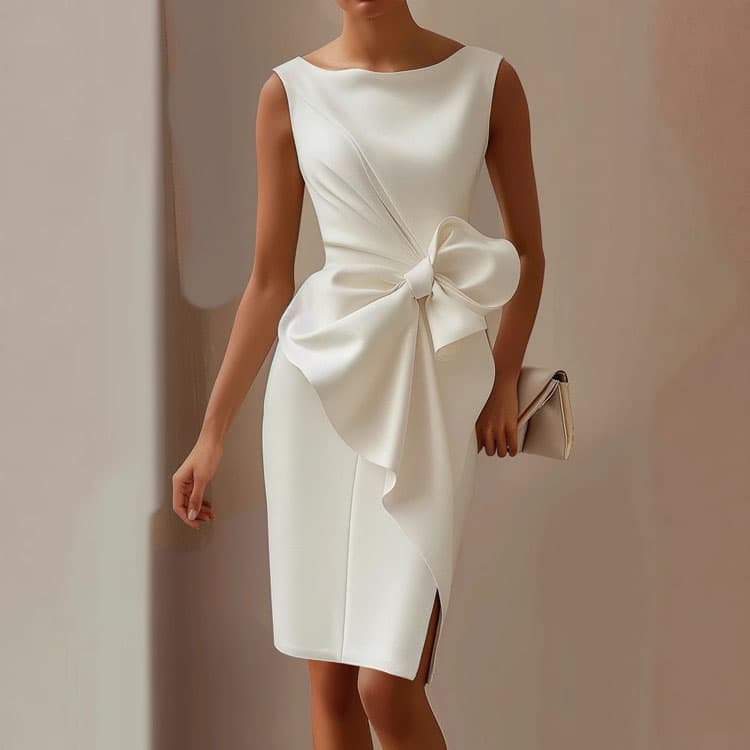 S to 3XL Solid Color Sleeveless Dress with Bow Detail Simple and Elegant Women Dress