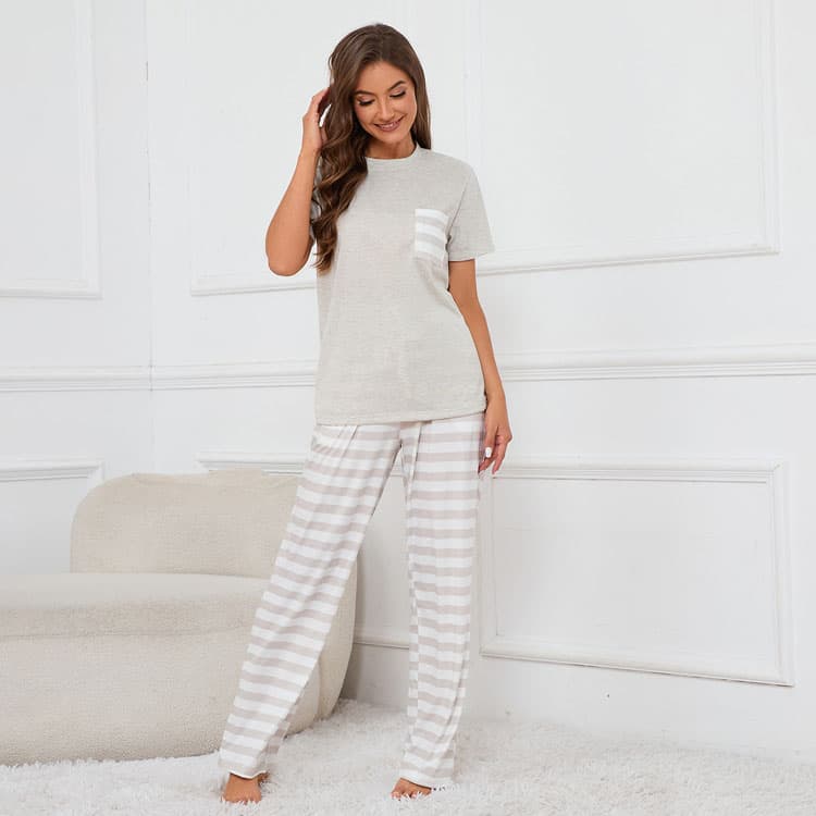 S-5XL Home Wear Set Custom logo Soft Short Sleeved Top Wholesale Striped Casual Trousers Factory Directly