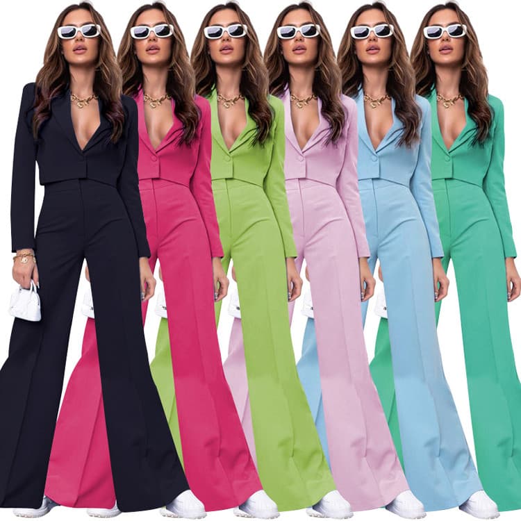 Autumn and Winter New Solid Color Short Long Sleeve Suit Fashion High Waist Wide Leg Pants Suit