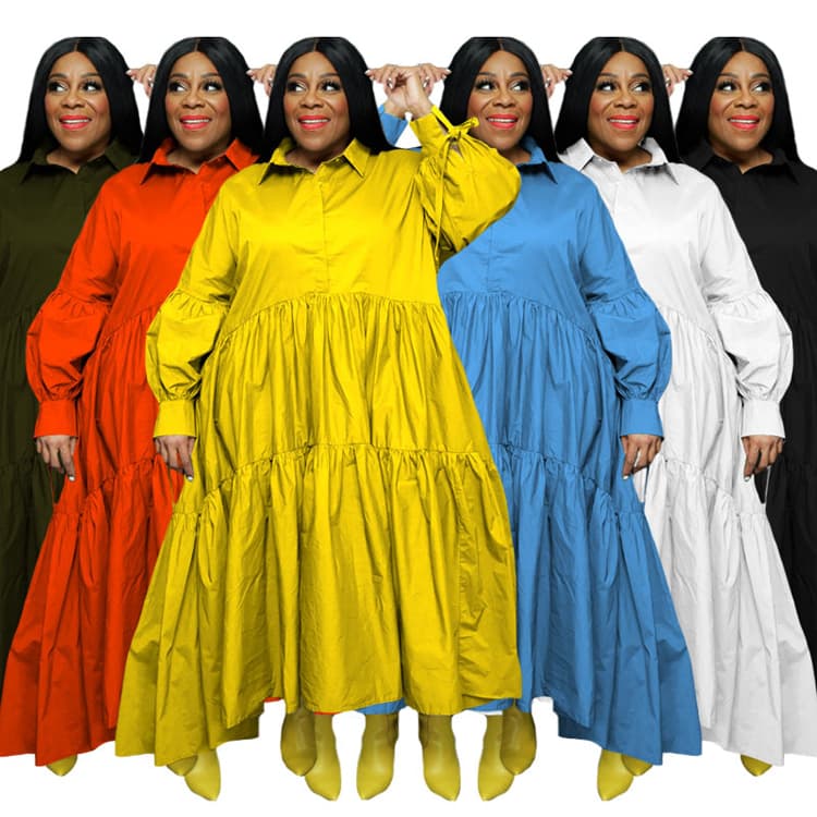 Autumn New Solid Color Half Cardigan Dresses Long Sleeved Dresses Plus Size Dresses