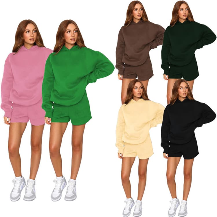 Autumn and Winter New Solid Color Jogging Suit Hooded Pullover Long Sleeved Sweater Women Shorts Suit