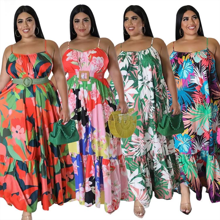 Summer New Halter Dresses Sexy Strapless Pleated Long Dresses Flower Printed Plus Size Dresses