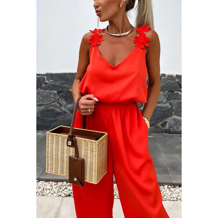 New Halter Sleeveless Pocket Jumpsuit Casual Loose Women Jumpsuit Solid Color Floral Jumpsuit