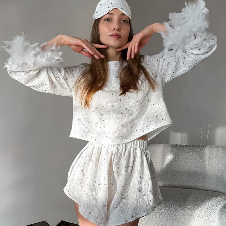 New Cotton Loose Casual Set Long Sleeves and Shorts Homewear Comfortable Feather Sleeve Pajamas