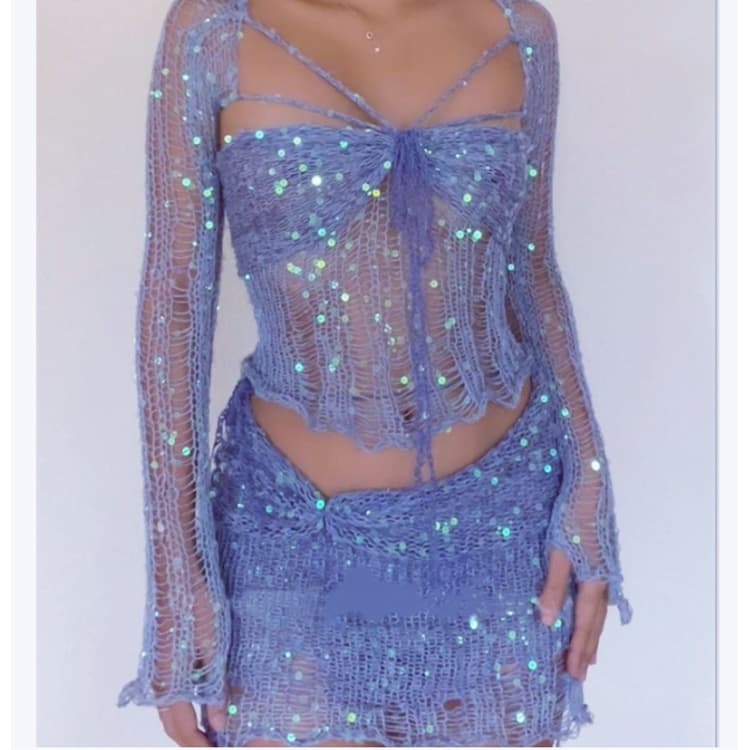 Wholesale Fashion Knitted Set Long Sleeve Beaded Yarn Sweater Hollow Set Knitted Sweater Shining Set