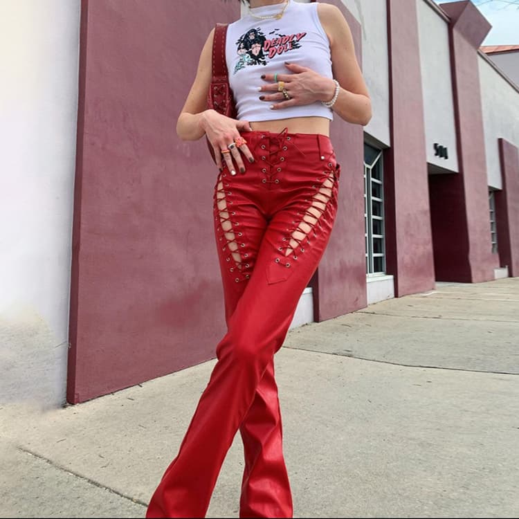 New Fashion Trendy Pants High Waist Hollow Strap Leg Pants Slimming Straight Pants