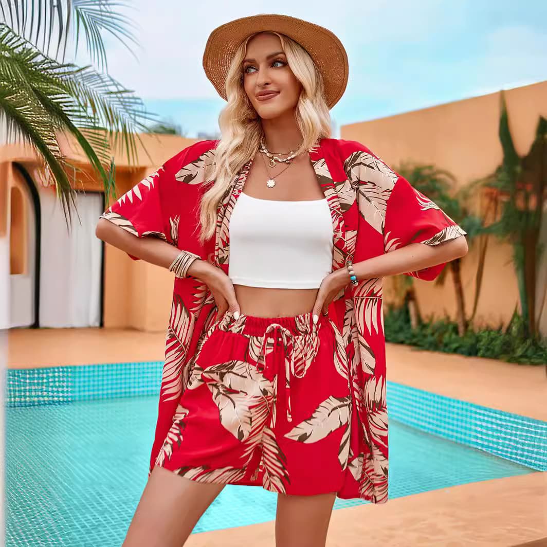 Printed casual suits wholesale Tail collar short sleeve jacket with custom logo Drawstring shorts factory directly