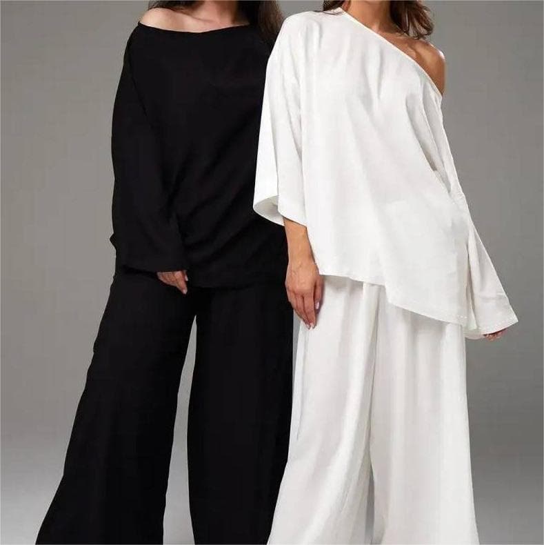 Off Shoulder Casual Two Piece Suit French Minimalist Women Suit Wholesale Solid Color Loose Long Sleeve Trousers