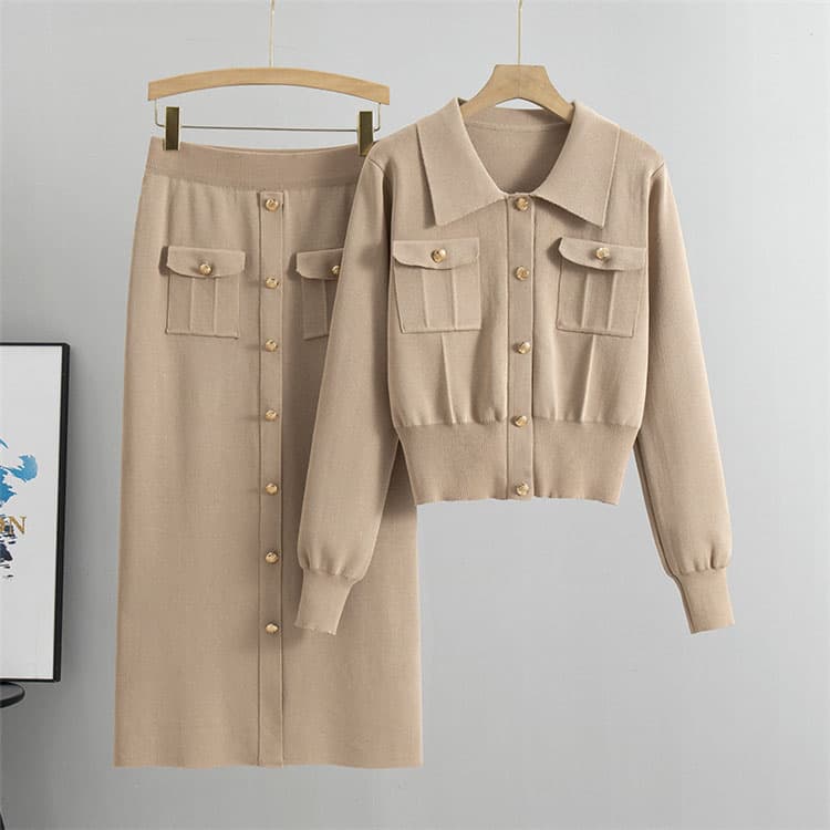 French Shirt Two Piece Factory Directly Knitted Dress Set Custom logo Soft Solid Color Long Skirt Wholesale