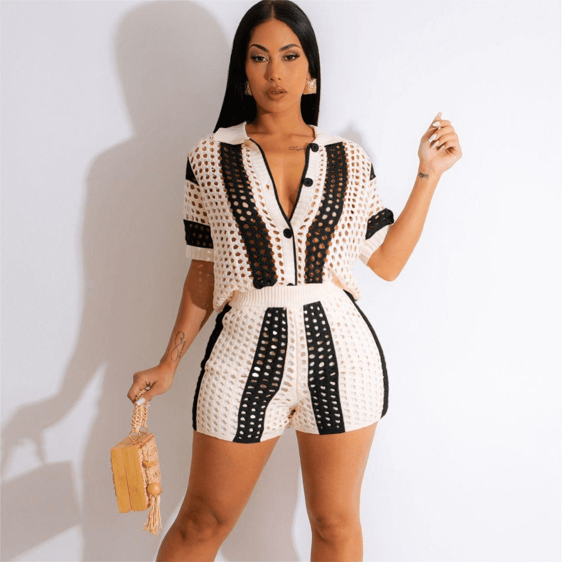 Loose Sexy Women Short Sleeves Set V Neck Hollow Striped Shirt Lapel Knitted Shorts Suit