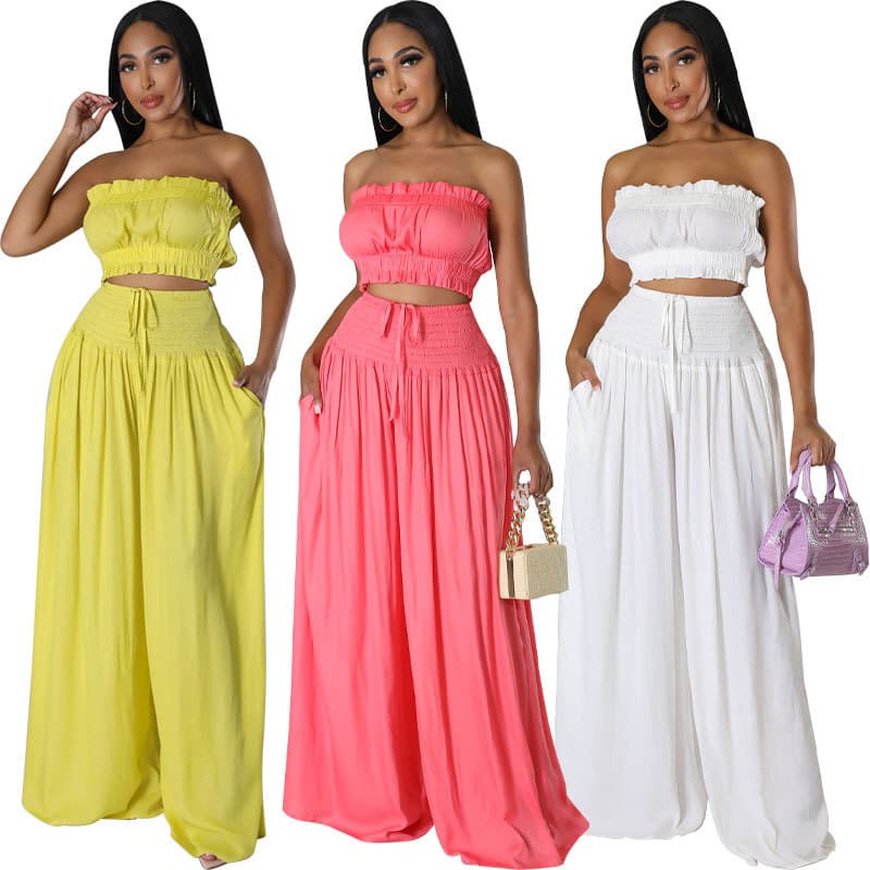 Loose Pleated Women Suit Wholesale Solid Color Tube Top Camisole Tightening Lace Sleeveless Suit Factory Directly