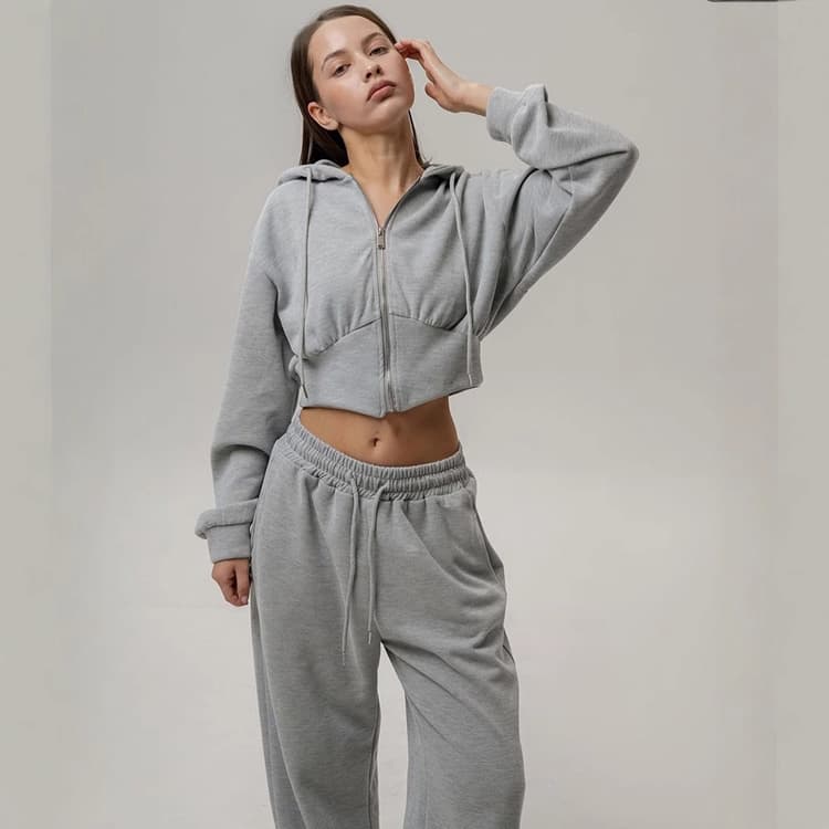 Wenshuo Hooded Crop Top Wholesale Drawstring Straight Trousers Custom logo Solid Color Tracksuit Factory Direct
