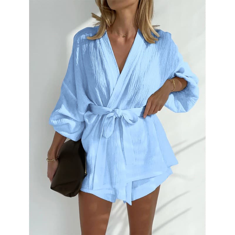 Pure Cotton Long Sleeve Top Factory Directly Fashion Solid Color Ladies Two Piece Suit Loose Tie Strap Shorts Set Wholesale