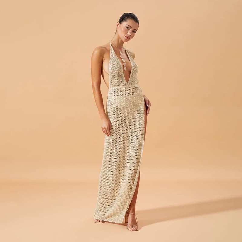 Sexy Hollow Knitted Cover up Beach Bikini Sun protection Clothes Solid Color Backless Casual Long Skirt