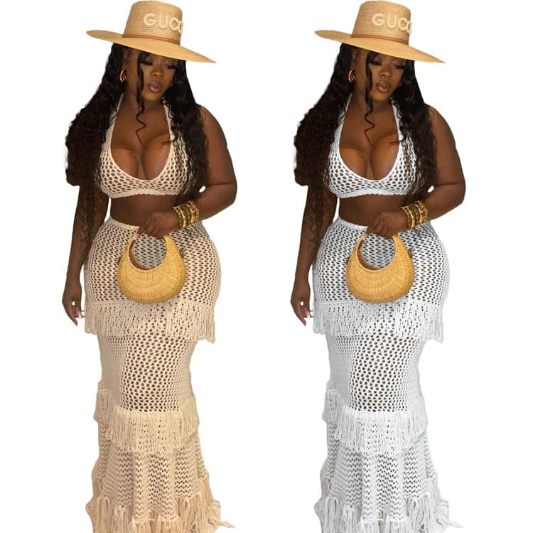 Tassel swimsuit outerwear wholesale Halterneck long skirt custom logo Knitted bikini cover up factory directly