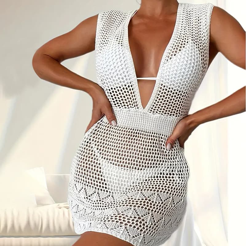 Waisted Knitted Sun protection Clothing Sexy V Neck Beach Short Dress Custom logo Solid Color Bikini Cover Ups Factory Directly
