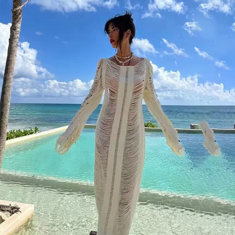 Hollow Backless Waisted Knitted Clothing Long Sleeve Beach Long Dress Custom logo Solid Color Bikini Cover Ups Factory Directly