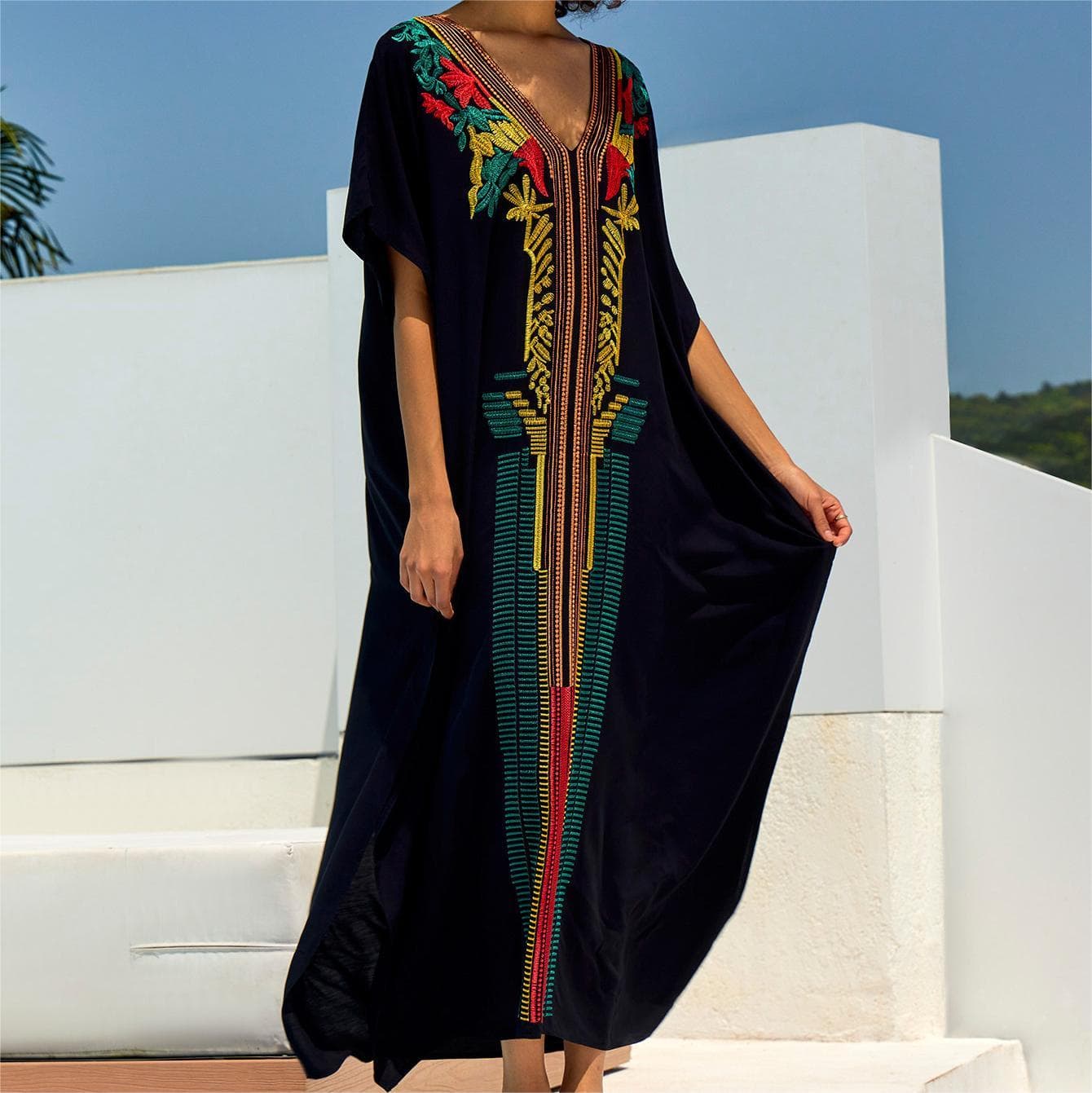 Bikini Cover up Wholesale V Neck Rayon Holiday Skirt Flower Black Women Long Dress