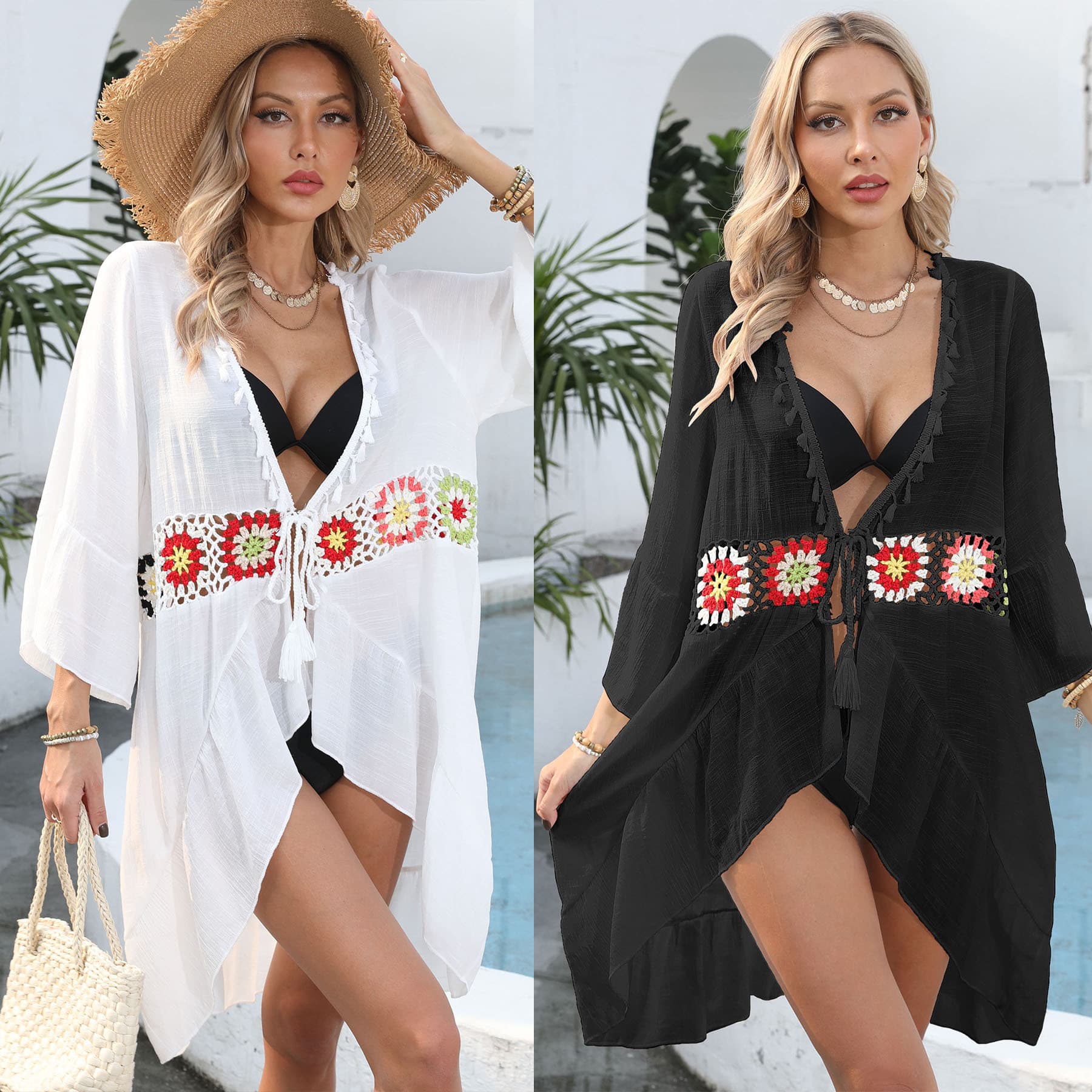 Embroidered Flower Cardigan Wholesale Short Bikini Cover Ups Custom logo Tassel Swimsuit Cardigan Factory Directly