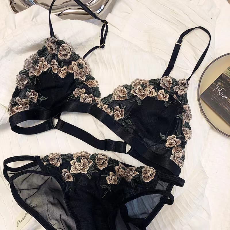 Flower Sexy Embroidery comfort Bra Lace Underwear Two Piece Set Women's Sexy Underwear