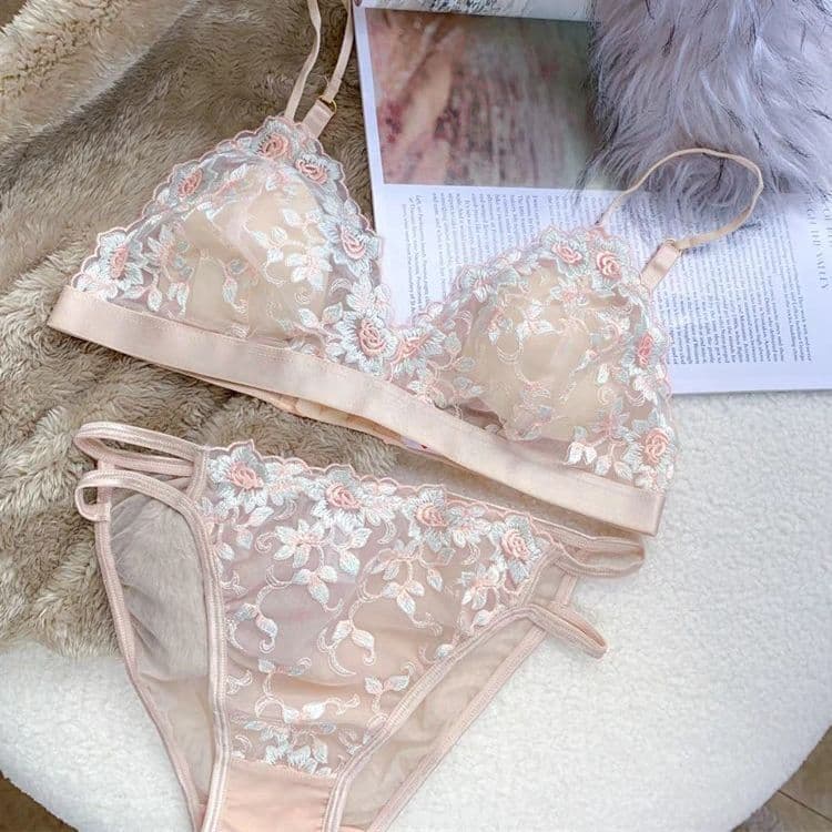 Flower Sexy Embroidery comfort No Wire Bra Women Sexy Underwear Custom logo Lace Underwear Two Piece Set