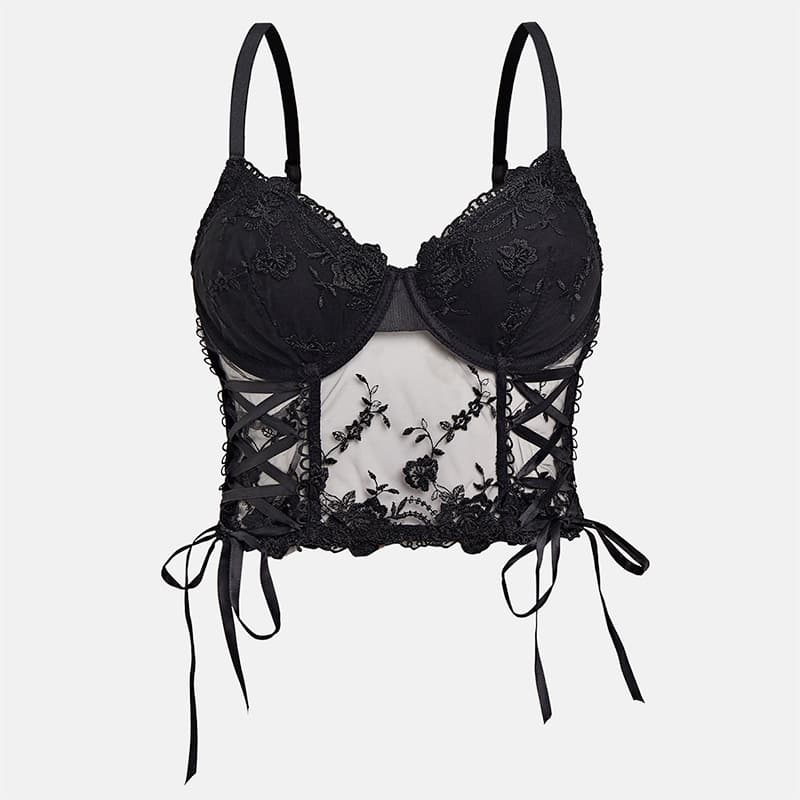 Ribbon Lace Flower Underwire Bra See Through Lace Corset Custom logo Wholesale Transparent Mesh Lingerie
