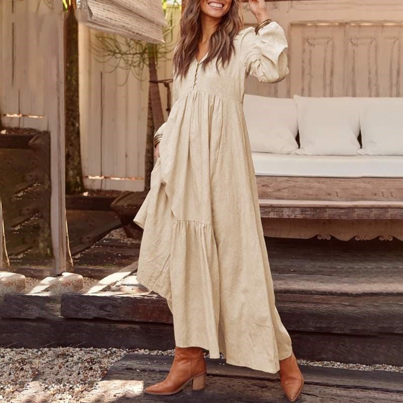 S-5XL Long Sleeved Dress Wholesale V Neck Dress Custom logo Loose Long Dress Factory Directly