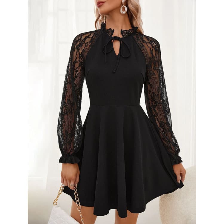 Lace Long Sleeved Dress Wholesale a Line Short Skirt Manufacturer Fashion V Neck Dress Factory Directly