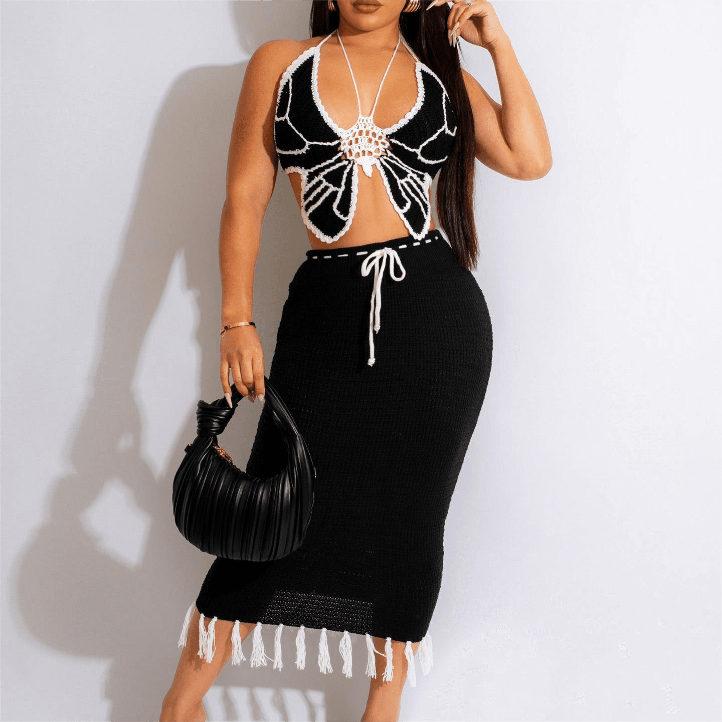 Butterfly Pattern Knitted Skirt Wholesale Halter Neck Maxi Skirt Manufacturer Tight Fringe Dress Factory Directly