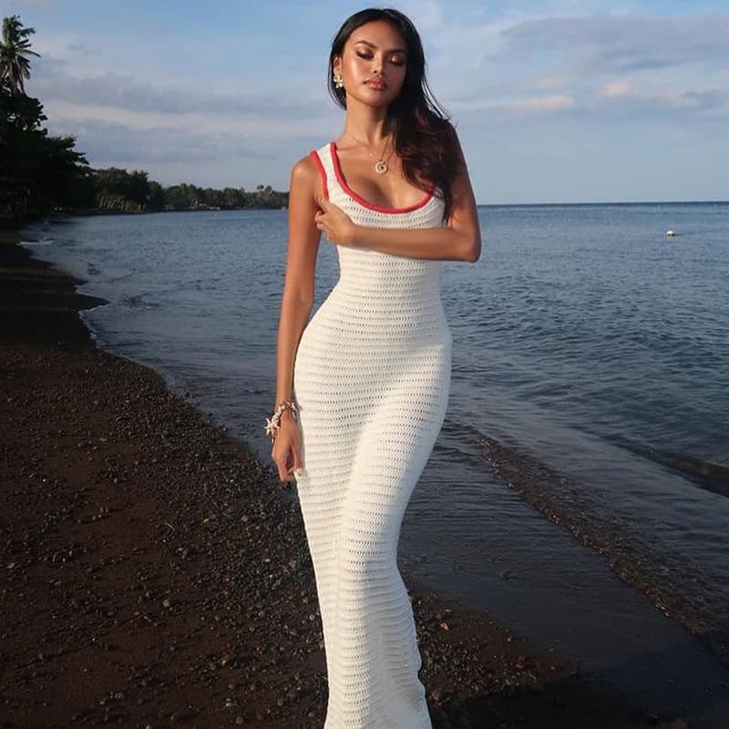 Backless Knitted Skirt Wholesale Sexy Hollow Long Skirt Manufacturer Slim Sleeveless Dress Factory Directly
