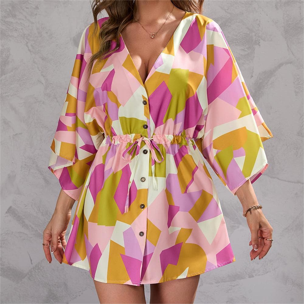 Short Sleeved Button Dress Manufacturer Floral Beach Dress Wholesale V Neck Short Dress Factory Directly