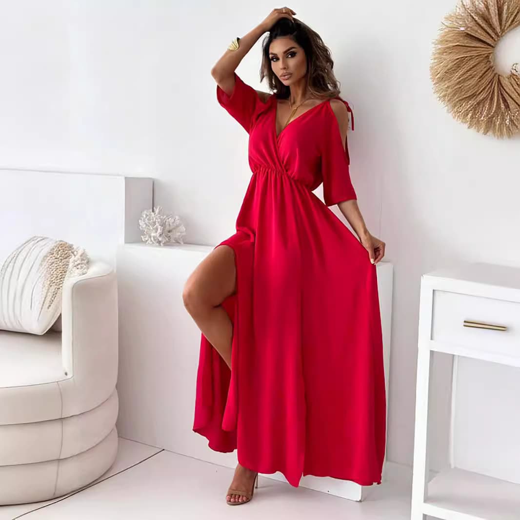 Loose Split Dress Wholesale Pure Color Waist Skirt Manufacturer V Neck Long Skirt Factory Directly