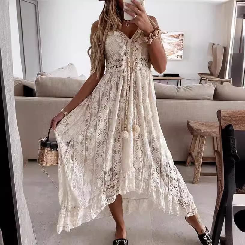 XS-3XL Lace Hollow Casual Dress Wholesale Embroidered Loose Dress Manufacturer Pure Color Long Dress Factory Directly