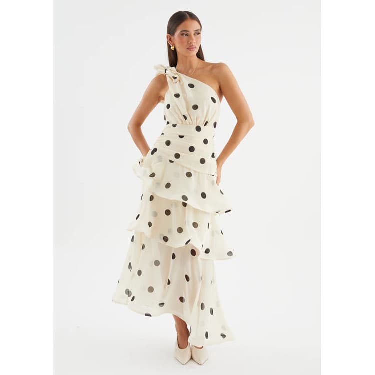 Wenshuo Polka Dot Ruffle Dress Wholesale One Shoulder Dress Custom logo Multi Layer Maxi Dress Factory Direct