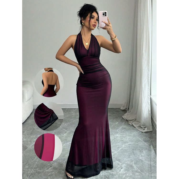 Wenshuo Halter Fitted Dress Wholesale Mermaid Dress Custom logo Solid Color Dress Factory Direct