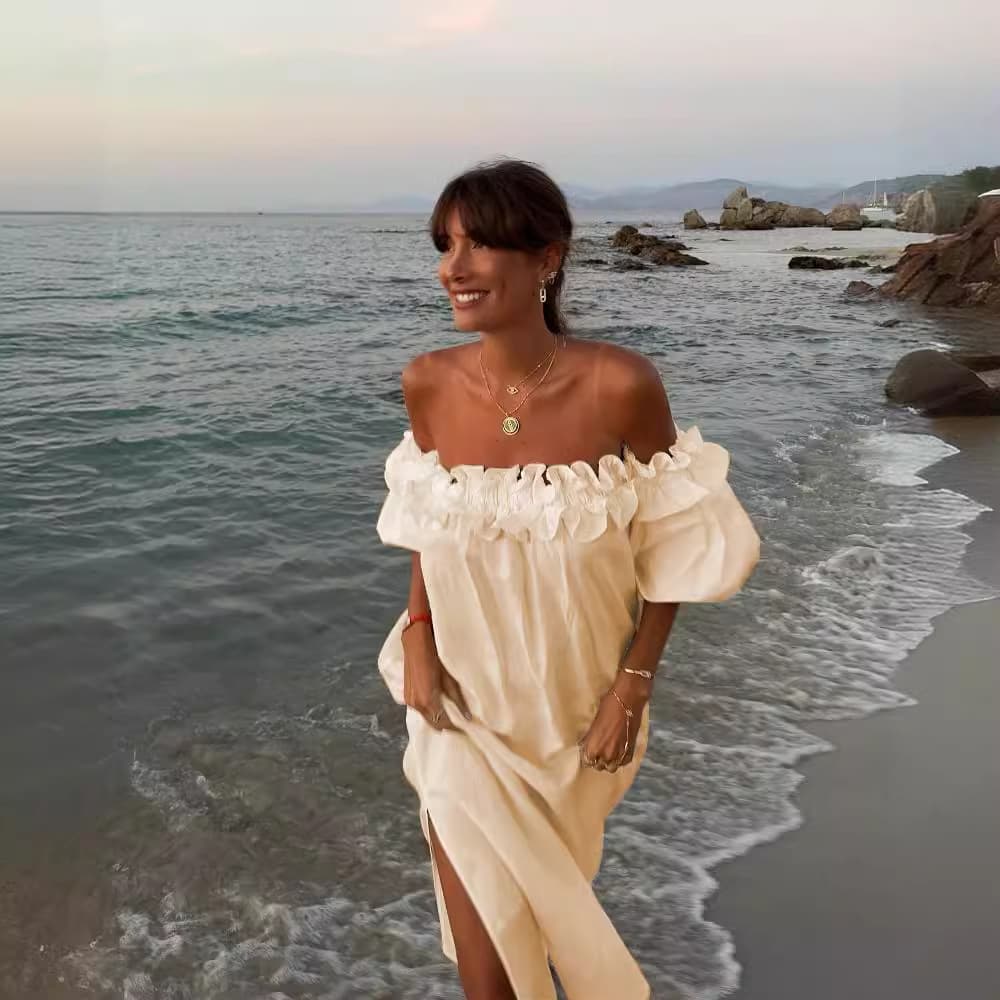 One Shoulder Long Dress Wholesale Puff Sleeve Dress Manufacturer Holiday Beach Dress Factory Directly