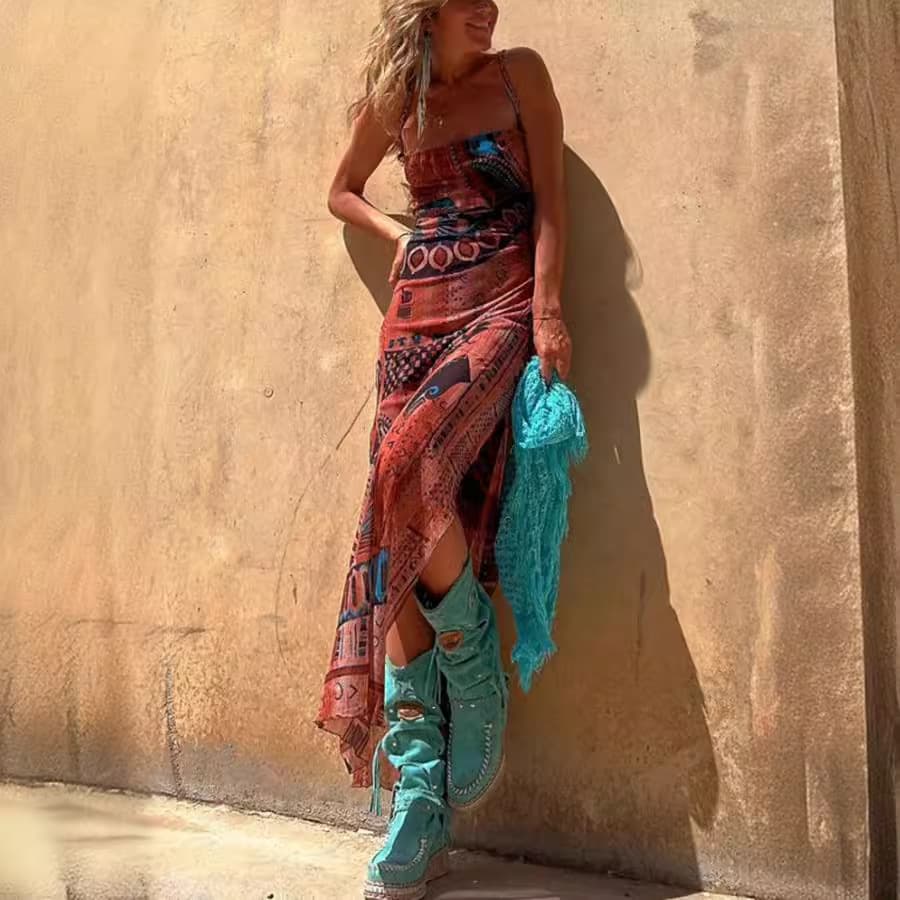 Retro Printed Mesh Skirt Wholesale Sleeveless Suspender Skirt Manufacturer Split Long Skirt Factory Directly