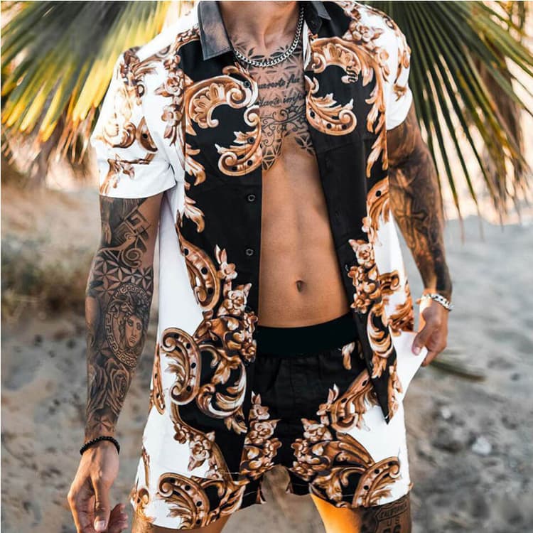 2023 Summer Hot Men Shirt Casual Loose Short Sleeve Shorts Beach Suit