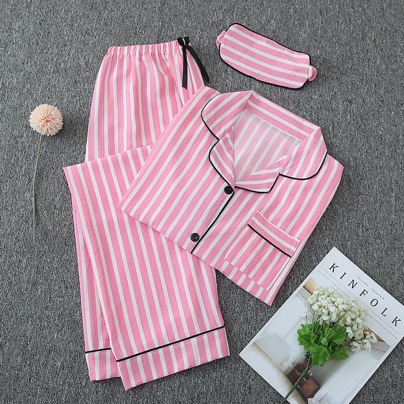 2025 Striped Pajamas Women Long Sleeve Women Three Piece Sleepwear Cotton Casual Suits Factory Directly