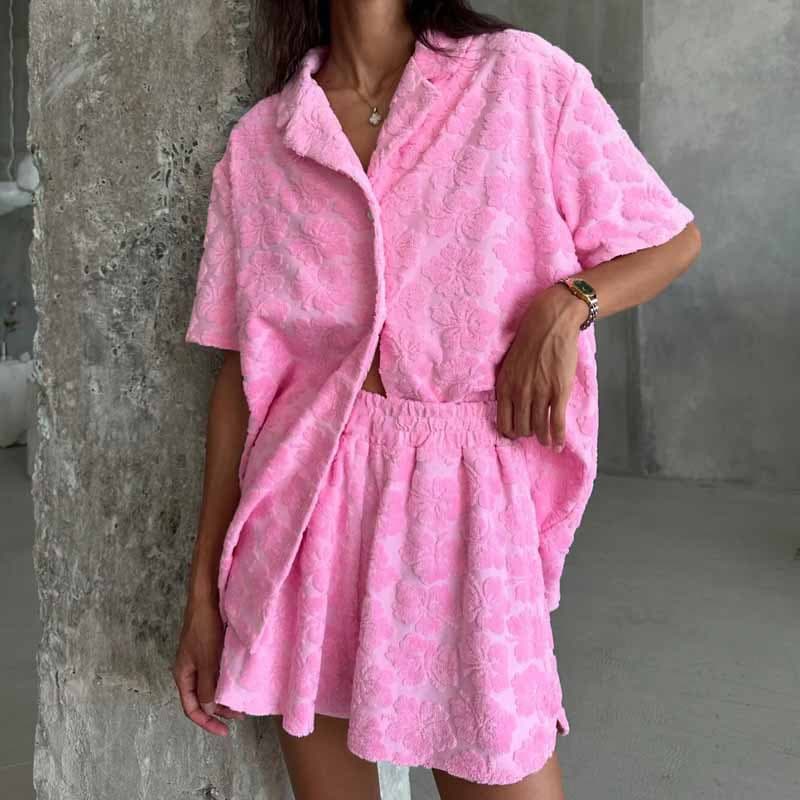 3D Printed Women Pajamas Loose Short Sleeved Shirt Wholesale Elastic Shorts With Custom logo