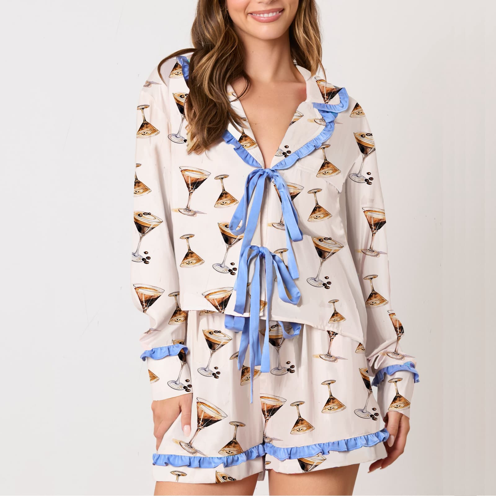 Wholesale Ribbon Long Sleeved Pajamas Bow Knot Two Piece Set With Custom logo Lace Shorts Factory Directly