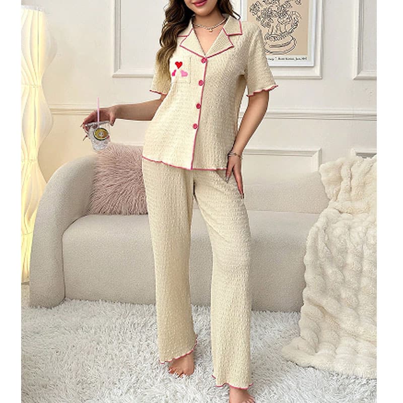 Letter Embroidered Pajama Set Single Breasted Short Sleeved Pajama Manufacturer Loose Trousers Factory Directly