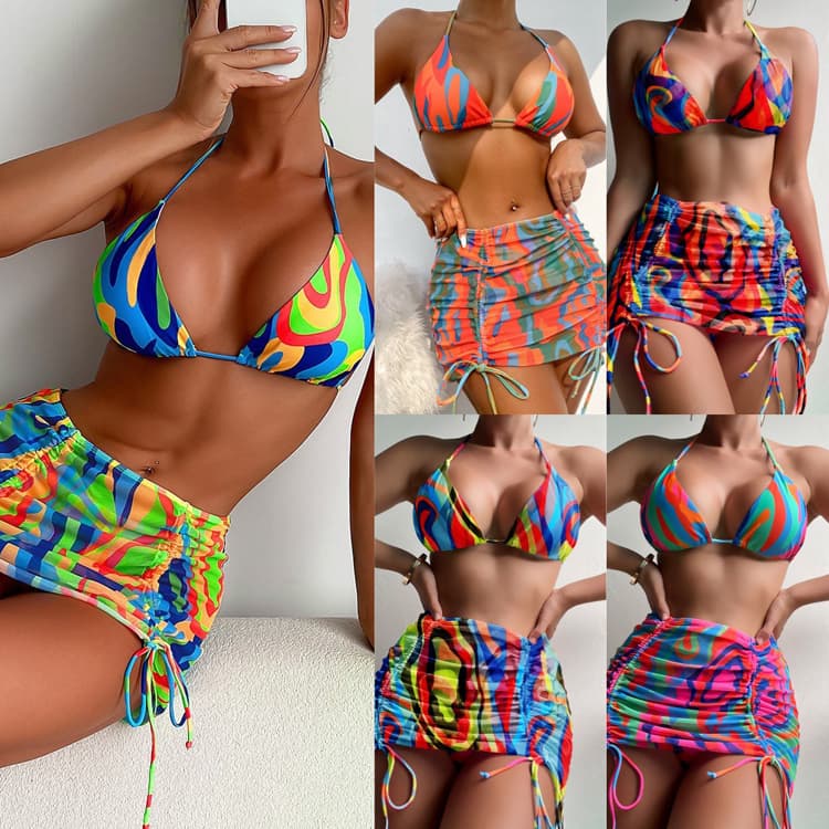 Wholesale Short Skirt Set Bikini Sexy Solid Color Three Piece Swimsuit Conservative Elegant Bikini Women