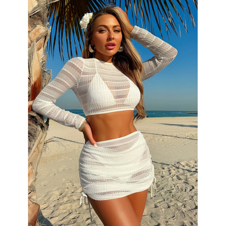 New Solid Color Cover Bikini Sexy Hollow Bikini Long Sleeve Mesh Four Piece Swimsuit