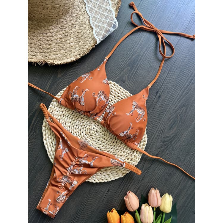 New Retro Printed Bikini Braided String Swimsuit Set High Rise Brazilian Bikini