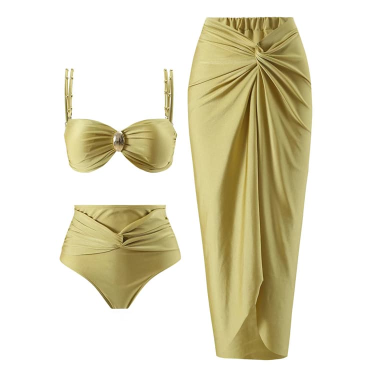New Nylon Skirt Three Piece Bikini Swimsuit Green Women Swimwear Set