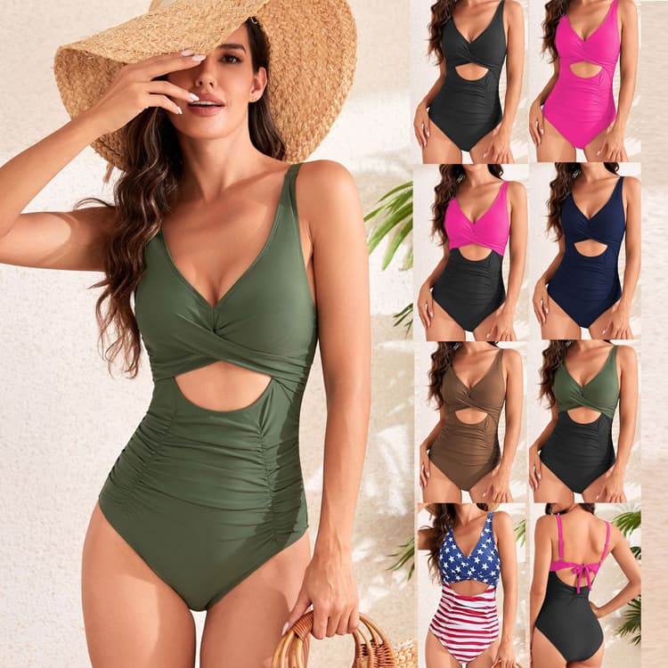 S-3XL Bikini Custom Solid Color One Piece Swimsuit Pleated High Waist Swimsuit Sexy Hollow Swimsuit