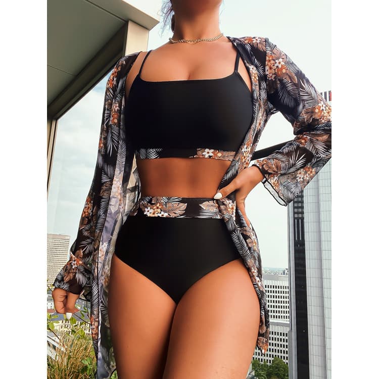 New Maple Leaf Print Bikini Long Sleeve Splicing Bikini Three Piece Swimsuit Women